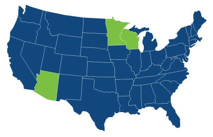 Map of the United States with MN, WI and AZ highlighted